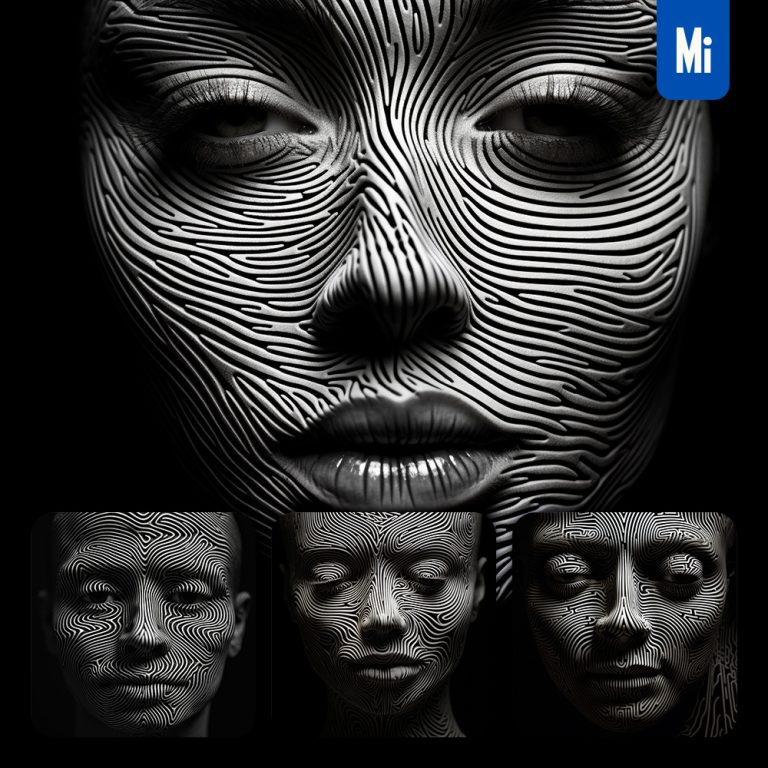 midjourney face pattern line black and white