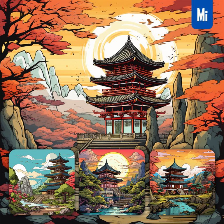 midjourney landscape ancient temple Japan illustration