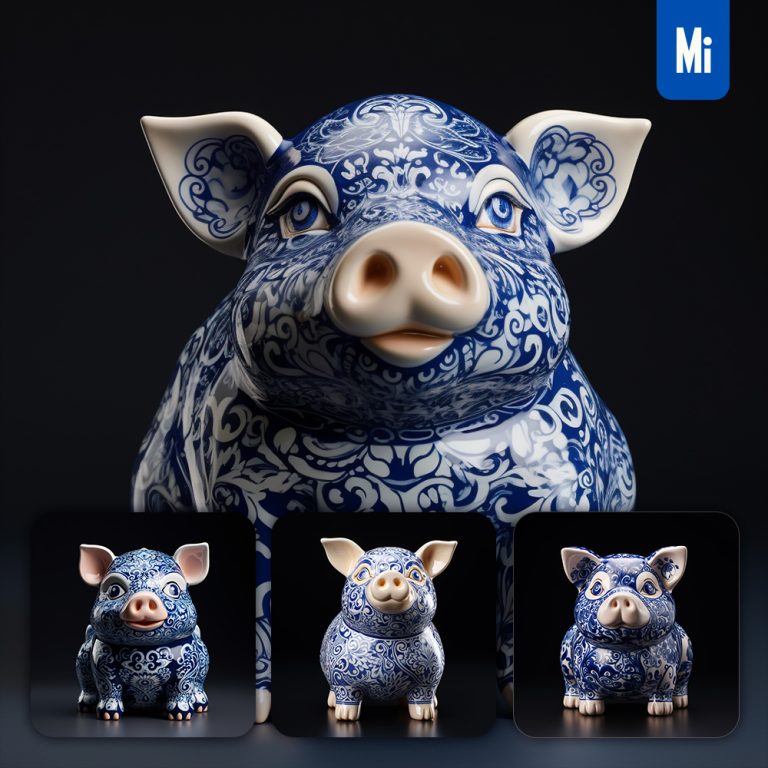 midjourney pig porcelain saving pot China blue