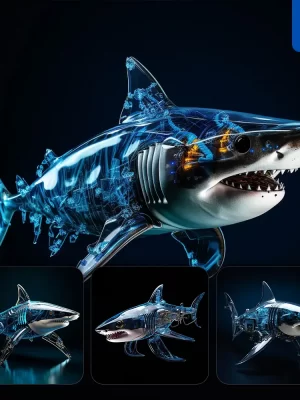 Midjourney Prompt Shark Robot Mechanical Transparent Azure Futuristic Technological