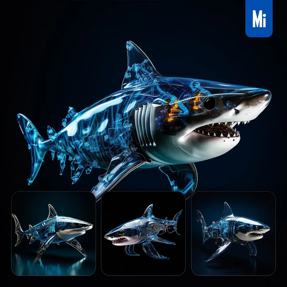 Midjourney Prompt Shark Robot Mechanical Transparent Azure Futuristic Technological