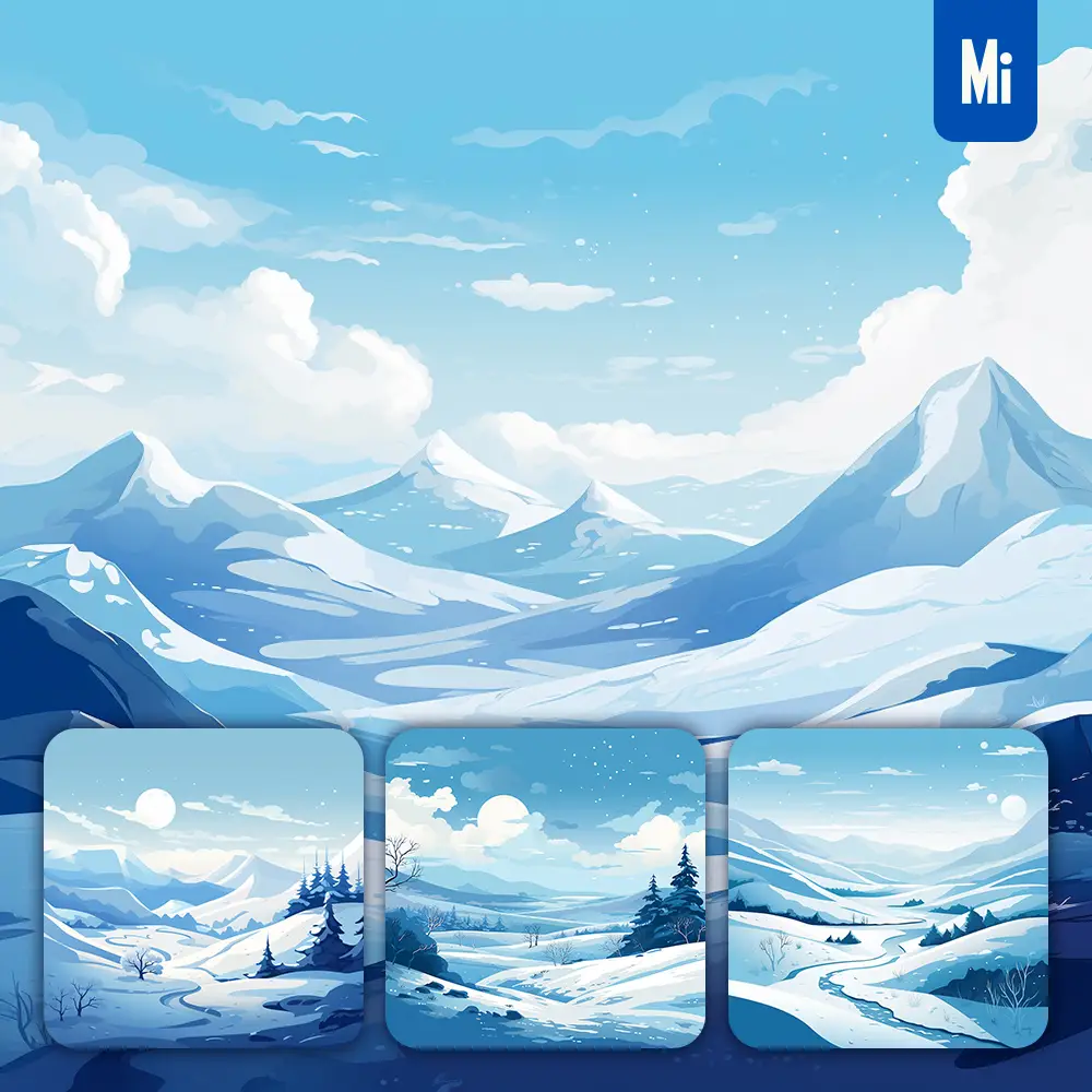 Midjourney Prompt Snow Blue Winter Landscape Illustration Painting Mountain Sky