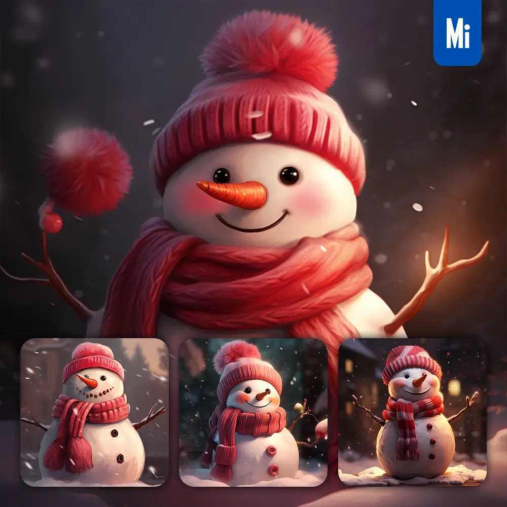 Midjourney Prompt Snowman Red Scarf Painting Night Cute Winter