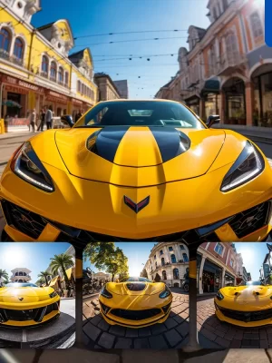 Midjourney Prompt Supercar Fisheye Yellow Street Photography