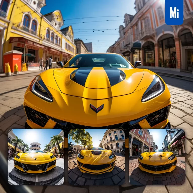 midjourney prompt supercar fisheye yellow street photography