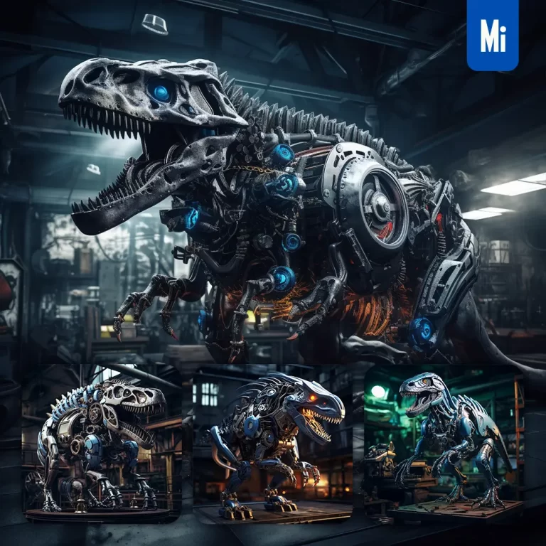 midjourney prompt mechanical dinosaur workshop factory tyrannosaurus 3D robot anatomy technology