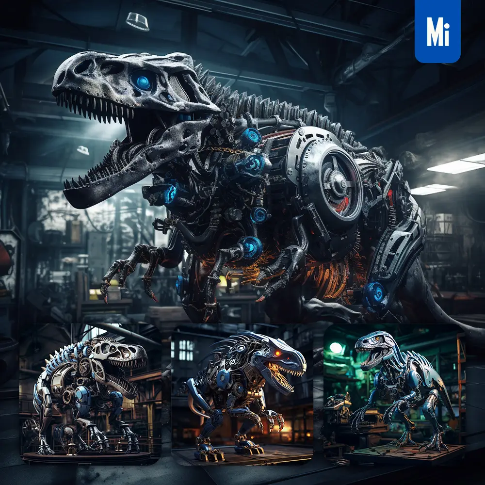 Midjourney Prompt Mechanical Dinosaur Factory Tyrannosaurus 3d Robot Anatomy Technology