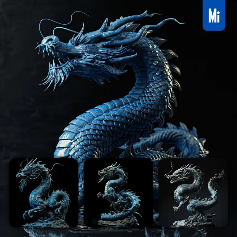 midjourney prompt Chinese dragon blue statue 3D art artware sculpture