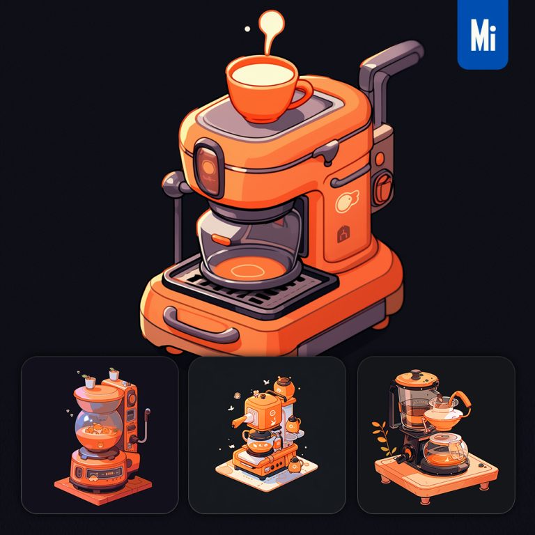 midjourney coffee maker machine cute isometric illustration