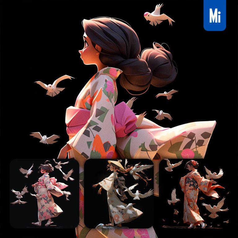 midjourney cute girl bird kimono