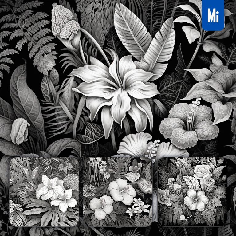 midjourney flower leaves black and white drawing illustration