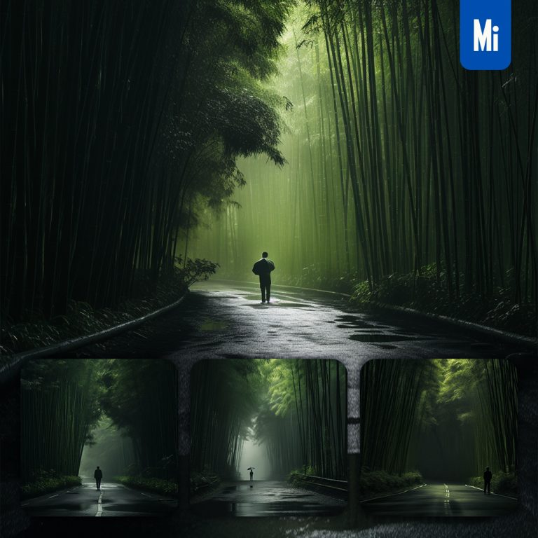midjourney man road bamboo forest photography