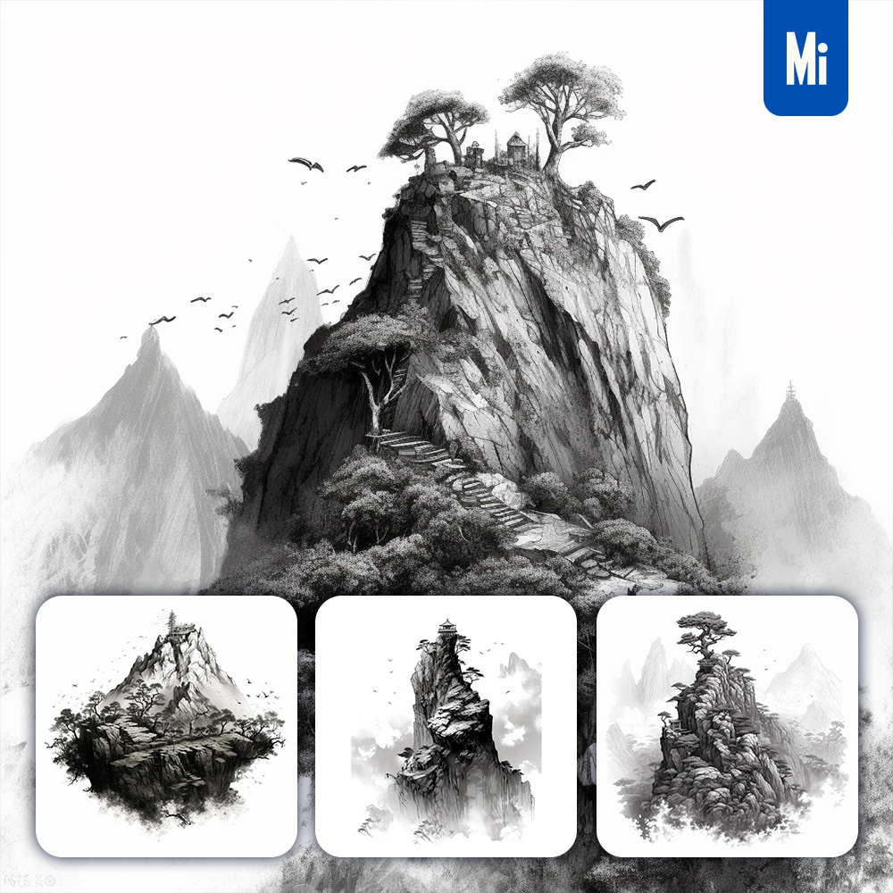 mid_mountain_stone_vine_pine_tree_blackandwhite_inkpainting