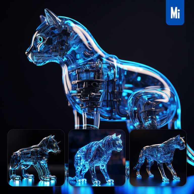 midjourney robot cat mechanical blue transparent anatomy