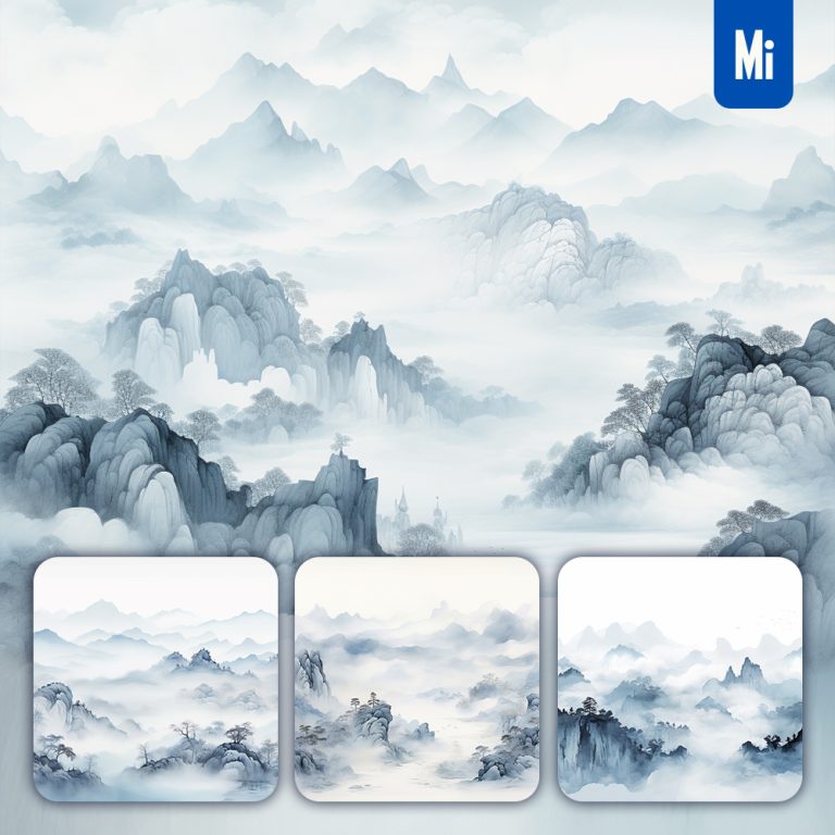 midjourney snowscape mountain tree snow ink water painting