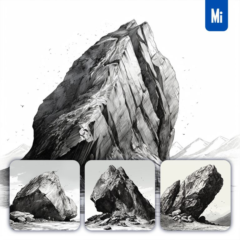 midjourney stone mountain black and white ink painting
