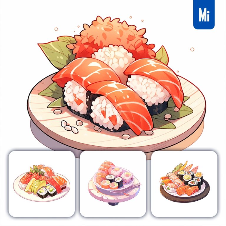 midjourney sushi plate cute isometric illustration