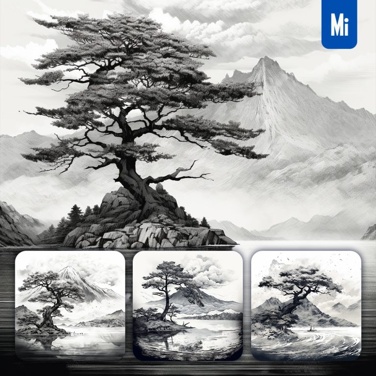 midjourney tree mountain ink black and white painting