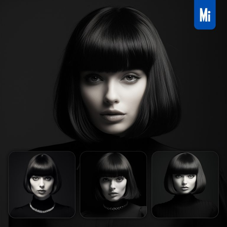 midjourney woman black and white head bangs face photography