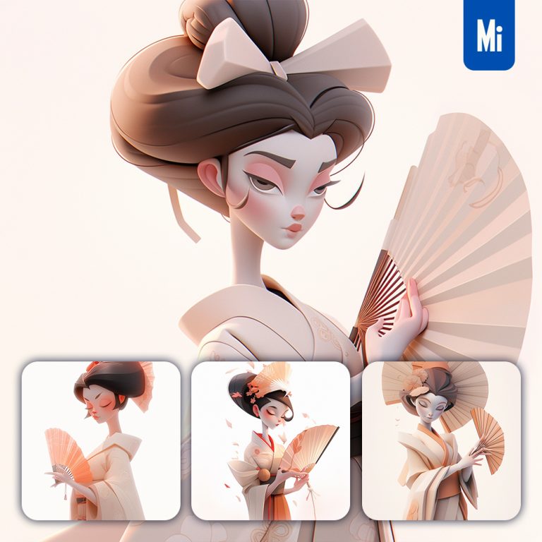 midjourney woman geisha fan Japanese 3D cartoon
