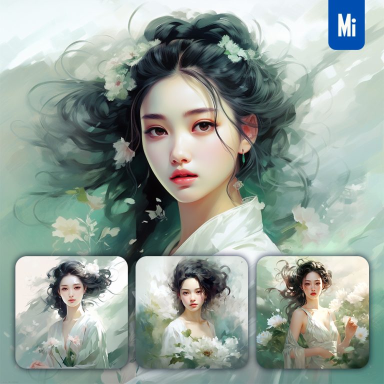 midjourney woman profile green flower painting ink brush