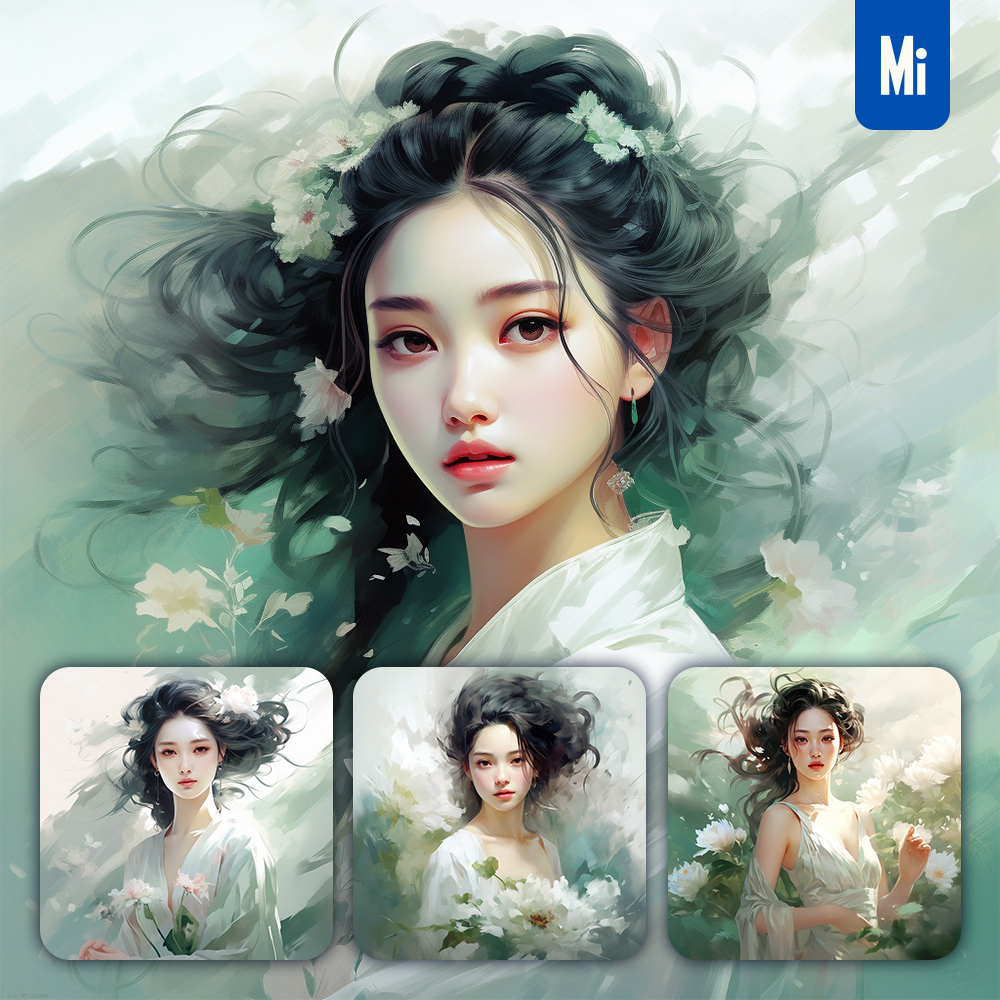mid_woman_profile_green_flower_painting_ink_brush