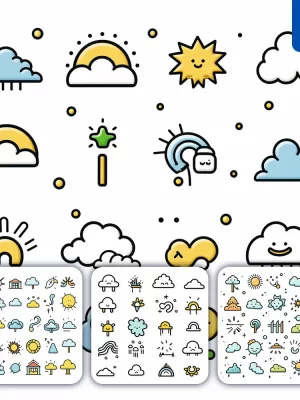 Midjourney Prompt Sun Rain Cloud Weather Icon Set Cartoon Vector