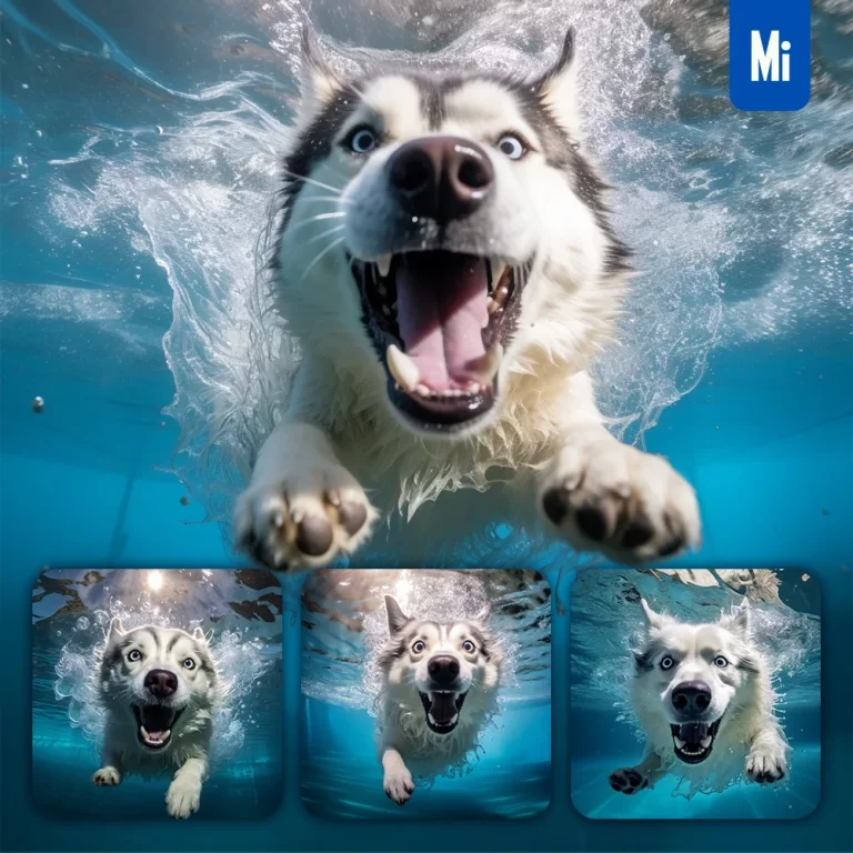 midjourney prompt dog husky swim underwater sea photography