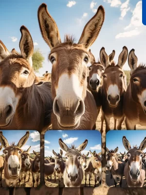 Midjourney Prompt Donkey Front Herd Head Close Up Animal Photography