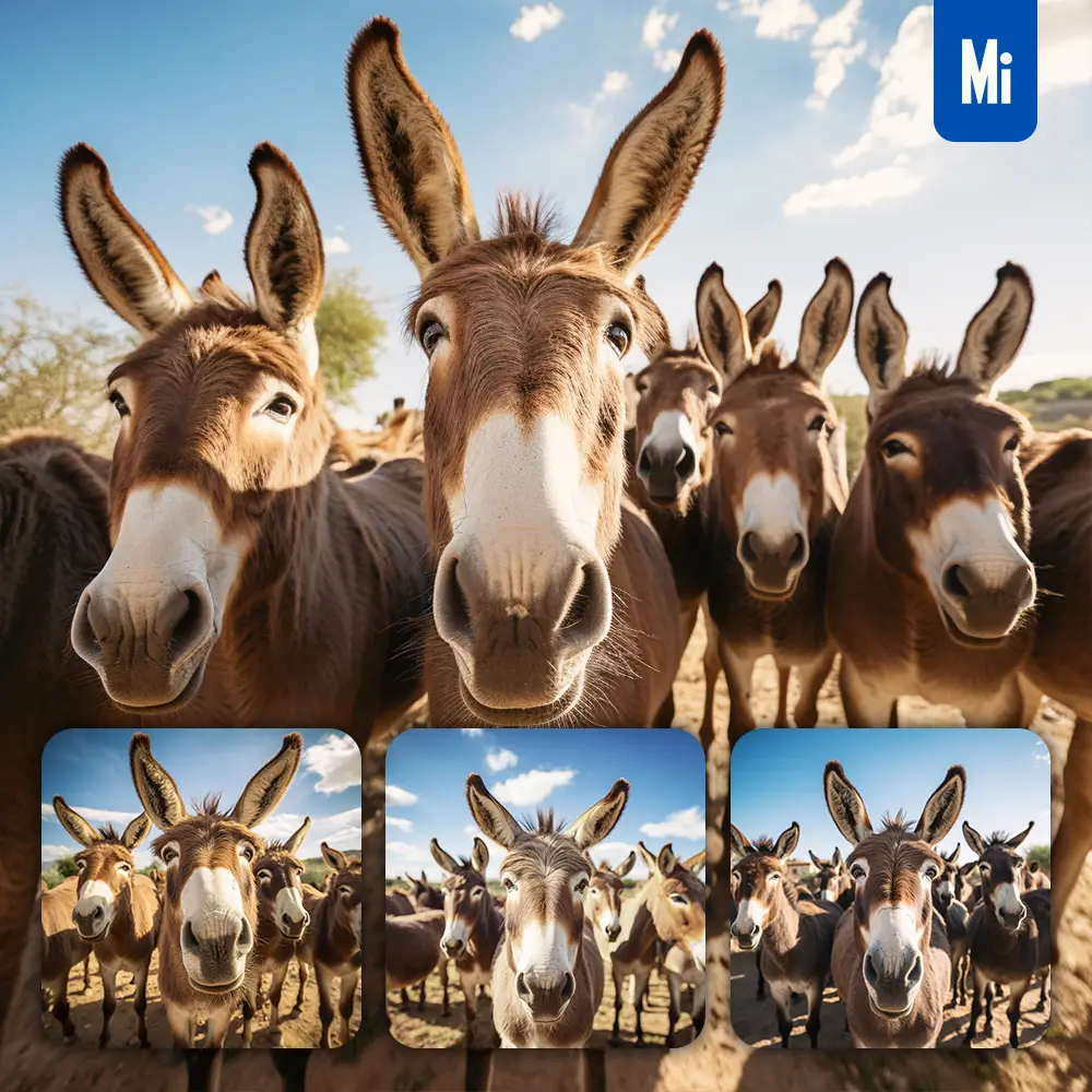 Midjourney Prompt Donkey Front Herd Head Close Up Animal Photography