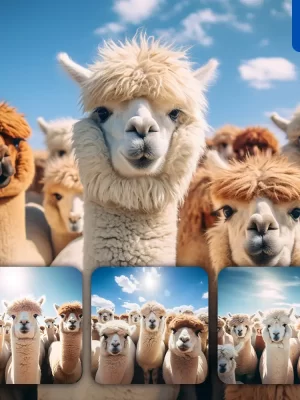 Midjourney Prompt Alpaca Front Herd Head Close Up Animal Photography