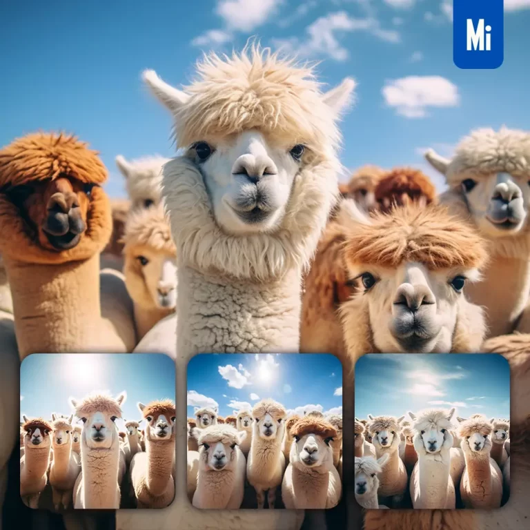 midjourney prompt alpaca front herd head close up animal photography