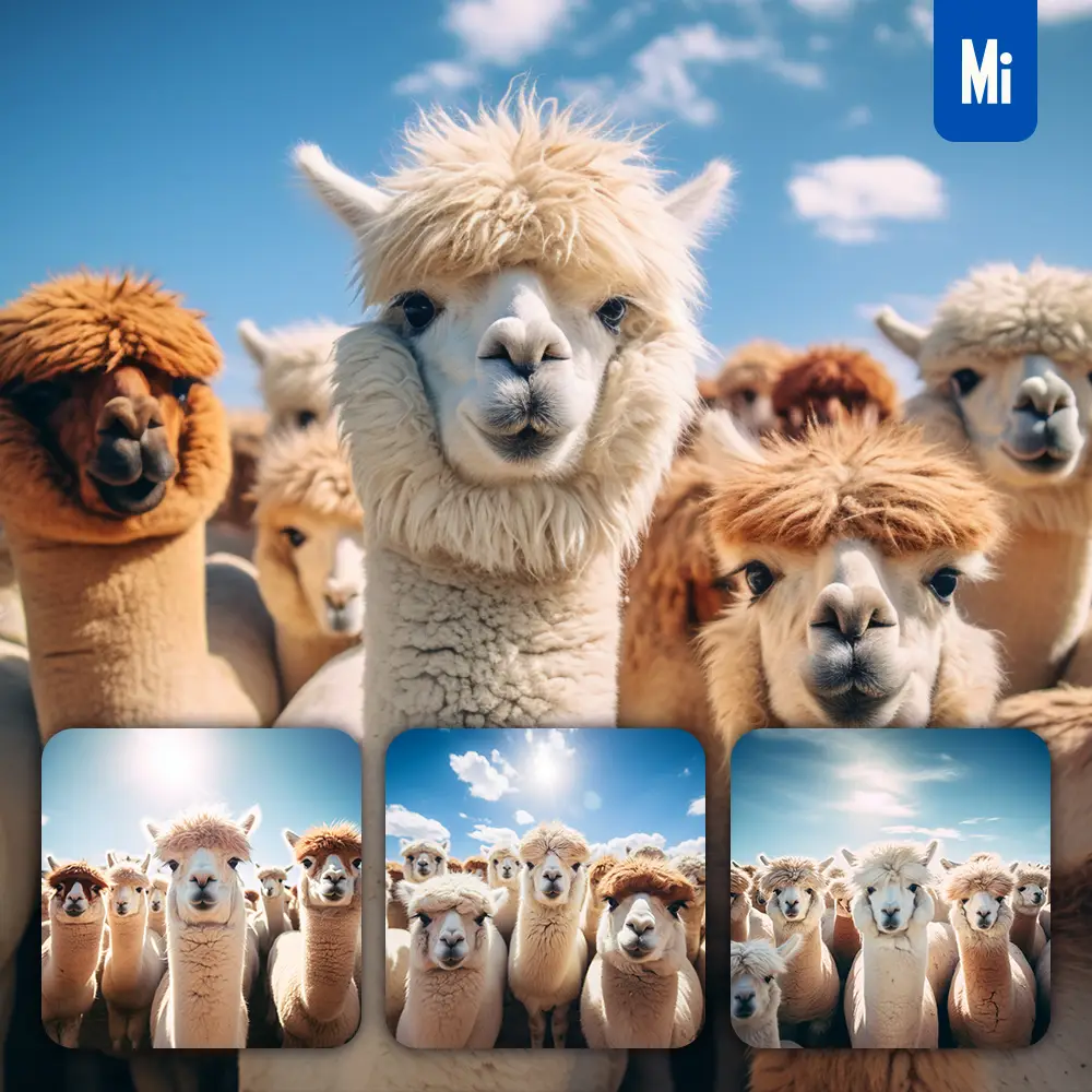 Midjourney Prompt Alpaca Front Herd Head Close Up Animal Photography