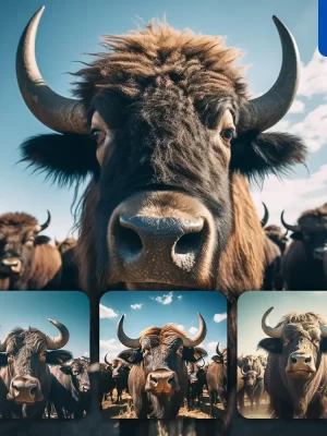 Midjourney Prompt Buffalo Front Herd Head Close Up Animal Photography