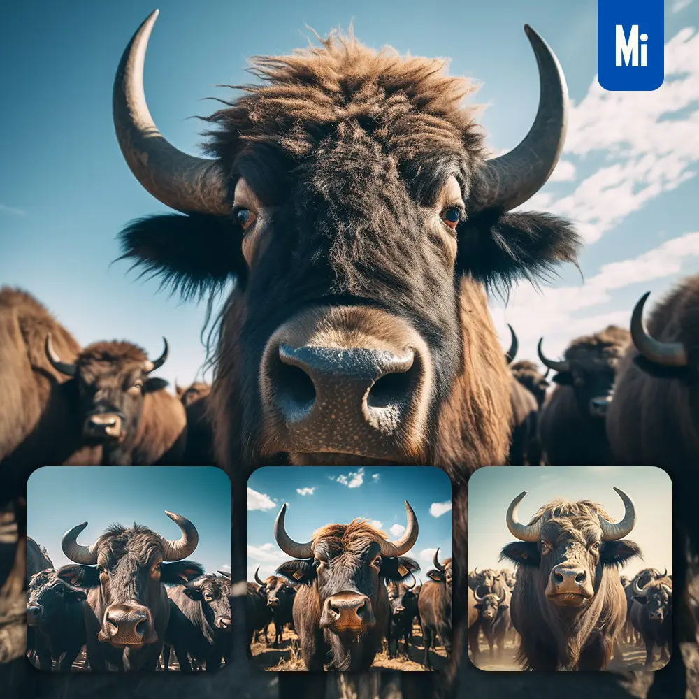 Midjourney Prompt Buffalo Front Herd Head Close Up Animal Photography