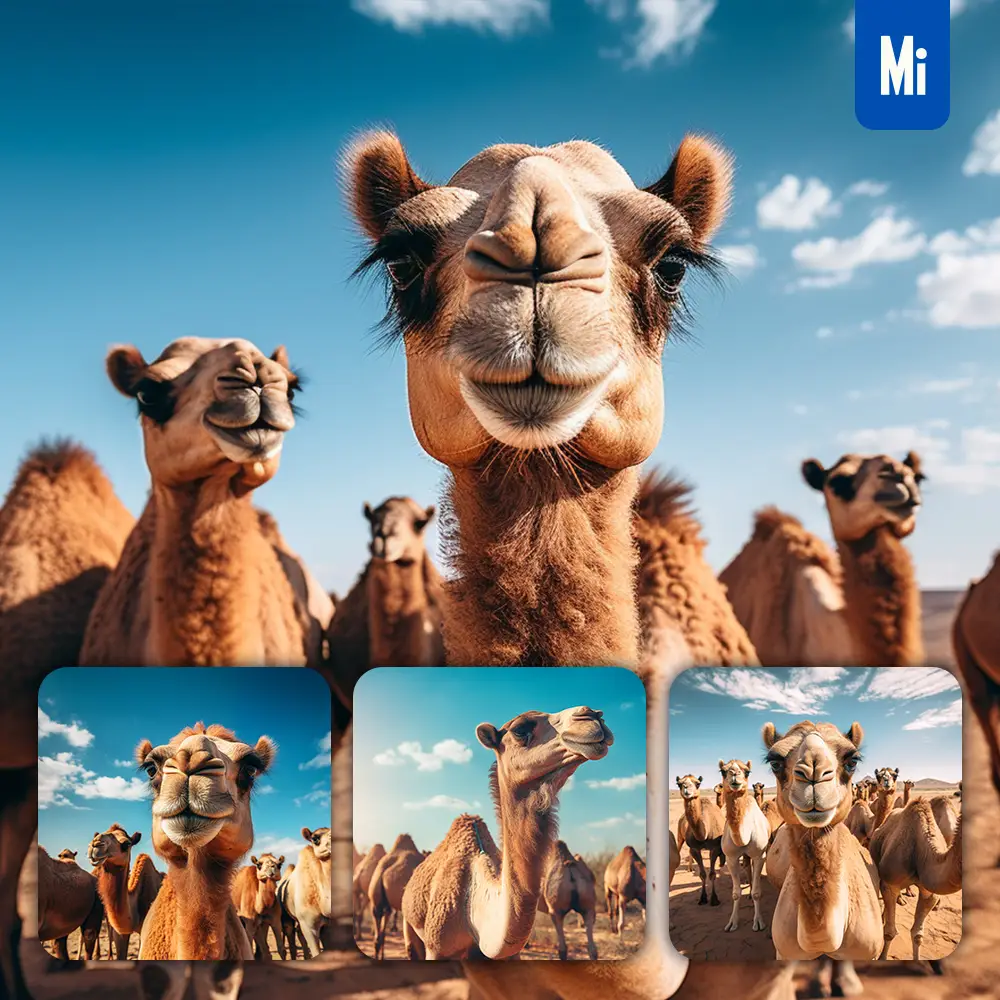 Midjourney Prompt Camel Front Herd Head Close Up Animal Photography