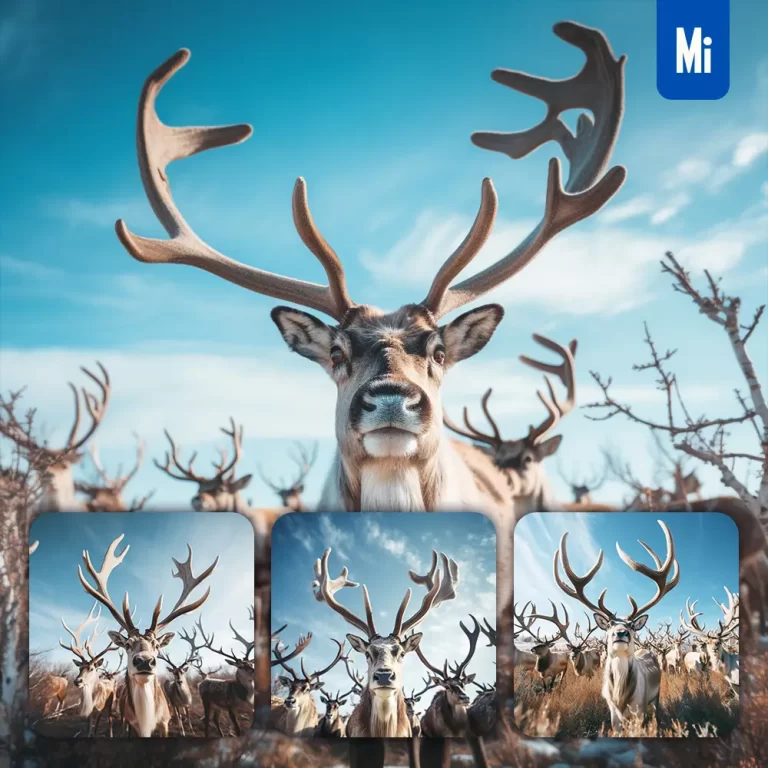 midjourney prompt caribou front herd head close up animal photography