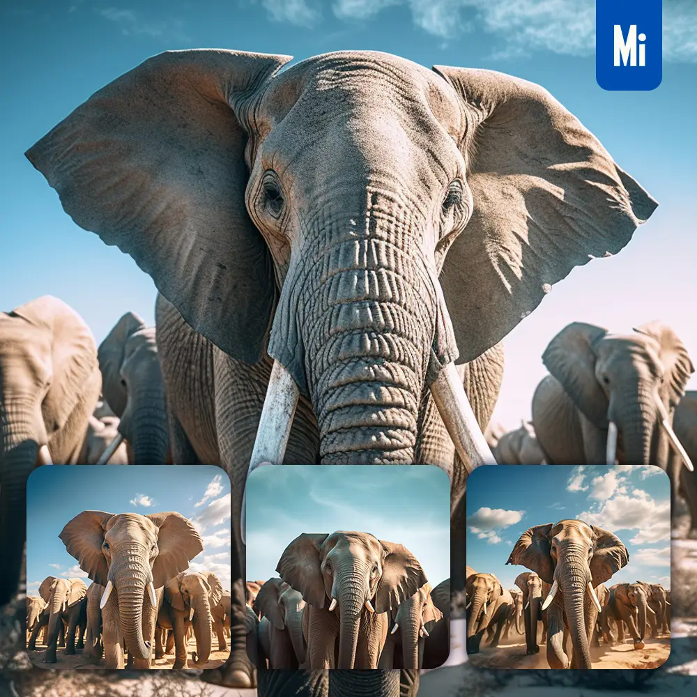 Midjourney Prompt Elephant Front Herd Head Close Up Animal Photography