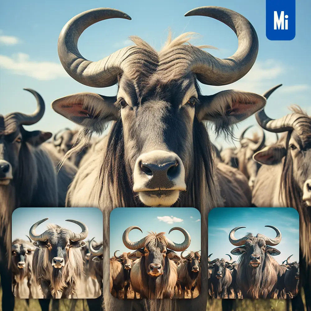 Midjourney Prompt Gnu Front Herd Head Close Up Animal Photography