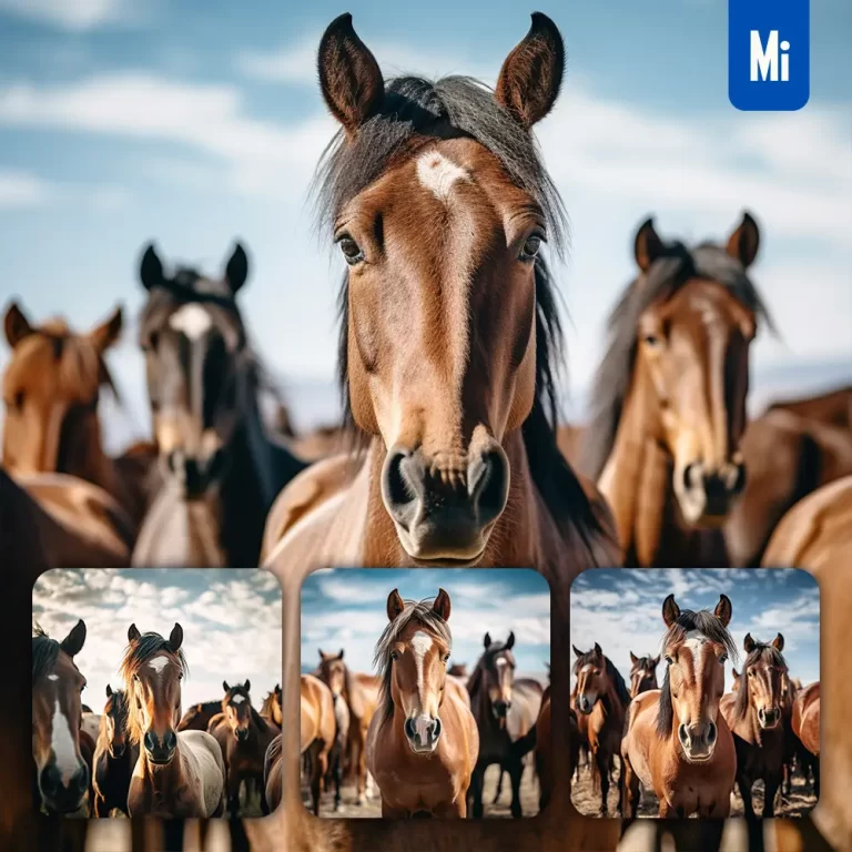 midjourney prompt horse front herd head close up animal photography