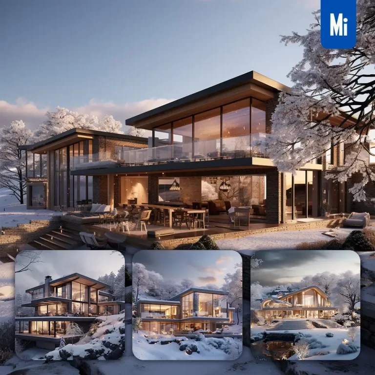 midjourney prompt house villa snow hill modern photography