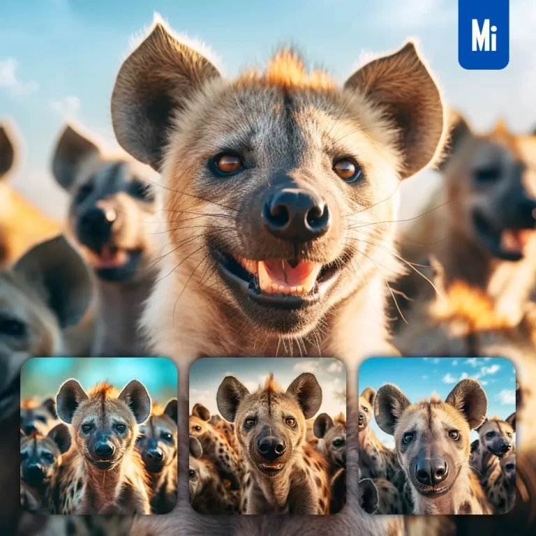 midjourney prompt hyena front herd head close up animal photography
