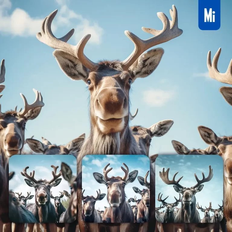 midjourney prompt moose front herd head close up animal photography