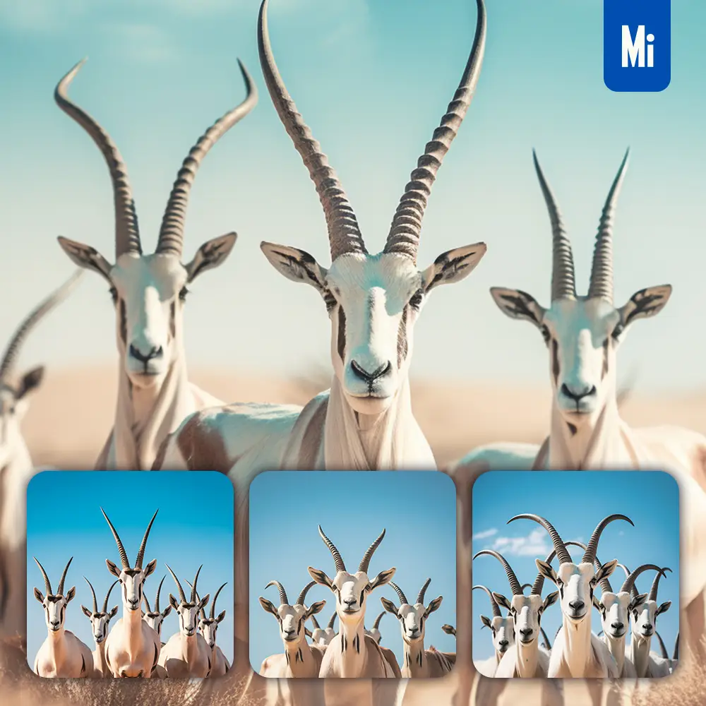 Midjourney Prompt Oryx Troop Front Herd Head Close Up Animal Photography