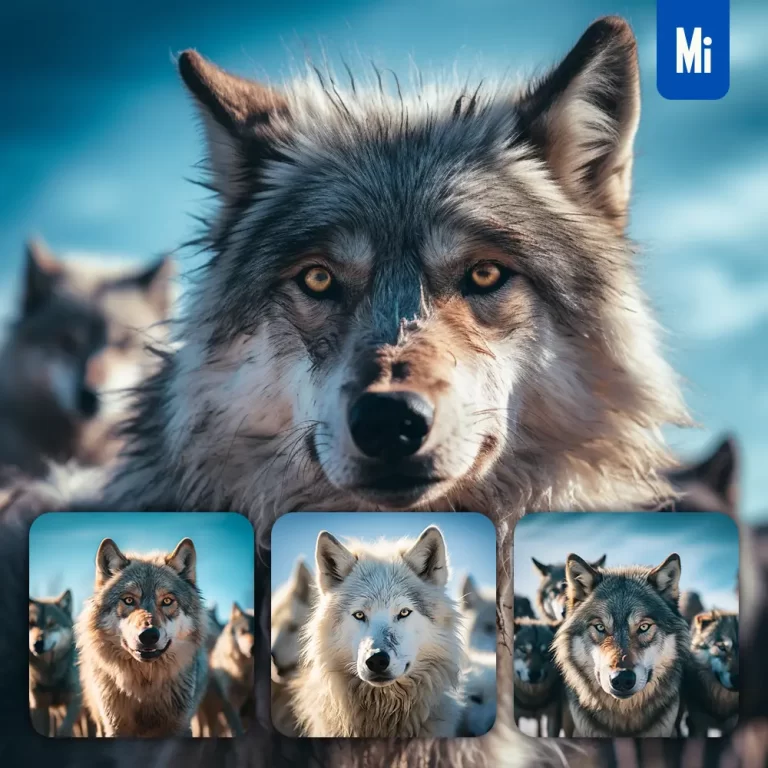 midjourney prompt wolf front herd head close up animal photography