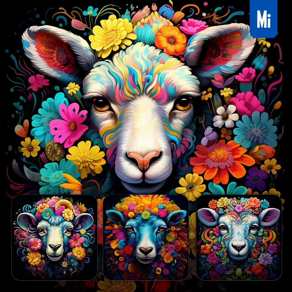 midjourney prompt sheep flower head colorful painting illustration