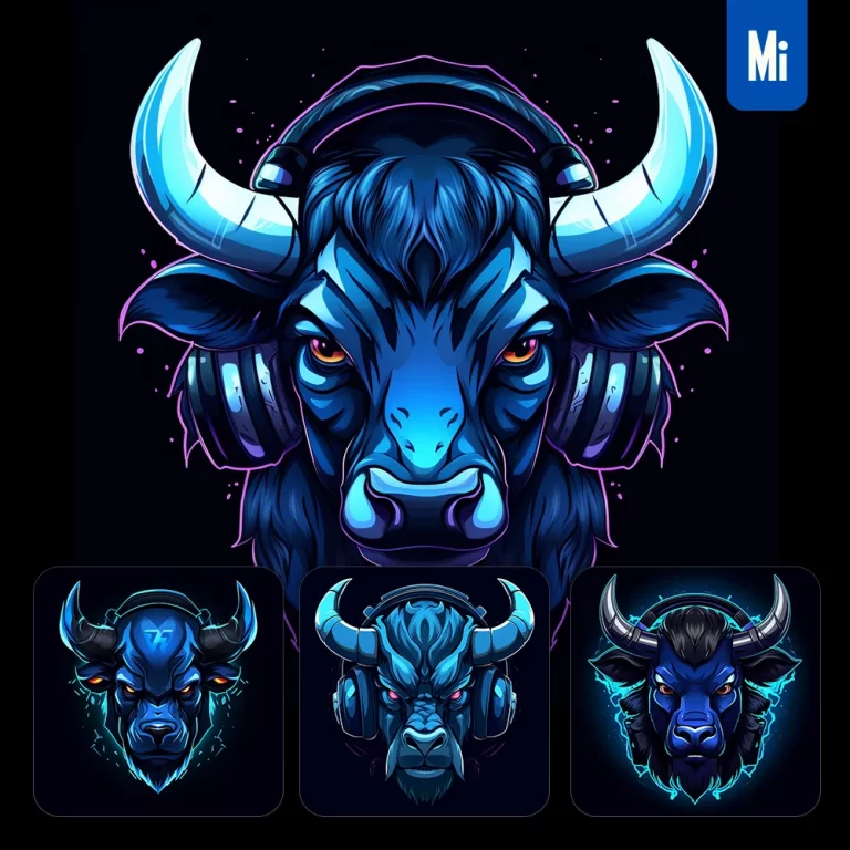 midjourney prompt blue bull face head headphones logo