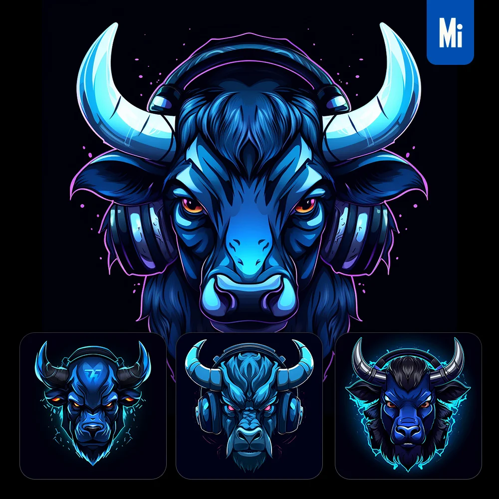 Midjourney Prompt Blue Bull Face Head Headphones Logo