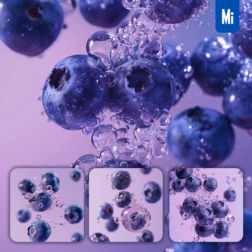 midjourney prompt blueberry bubble water purple photography