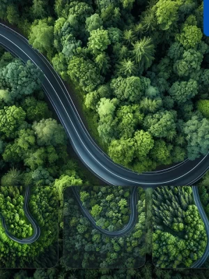 midjourney prompt curved road green tree forest photography